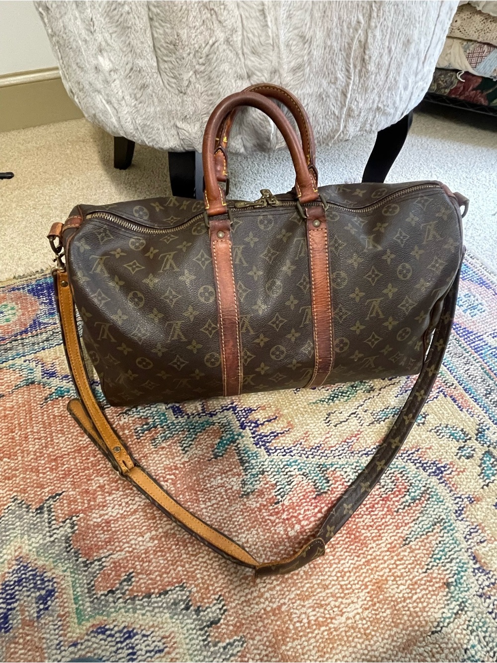 Louis Vuitton Brown Monogram Duffel with Leather Trim and Strap